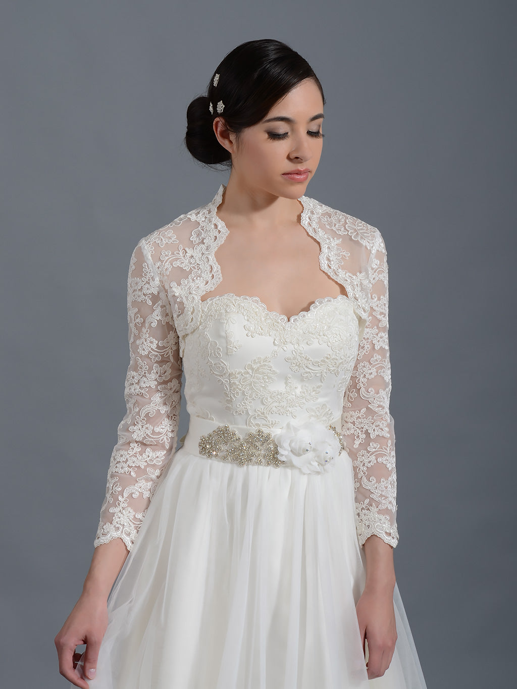 long sleeve lace bolero for wedding dress Andrea & Leo WL071 Fit and Flare Lace Overlay Wedding Dress with Bolero Jacket Off White/Nude / 18