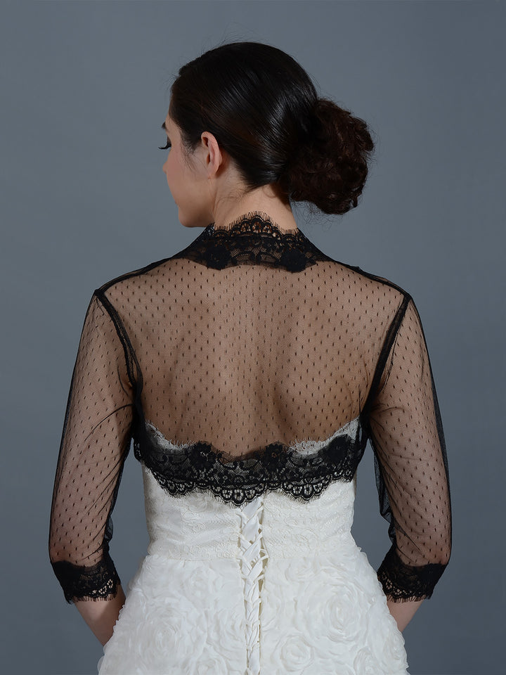 Black 3/4 sleeve bridal dot lace wedding bolero jacket