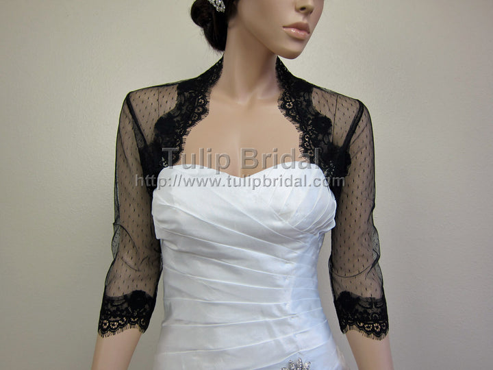 Black 3/4 sleeve bridal dot lace wedding bolero jacket