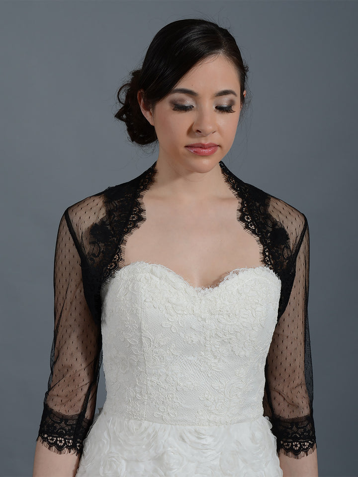 Black 3/4 sleeve bridal dot lace wedding bolero jacket