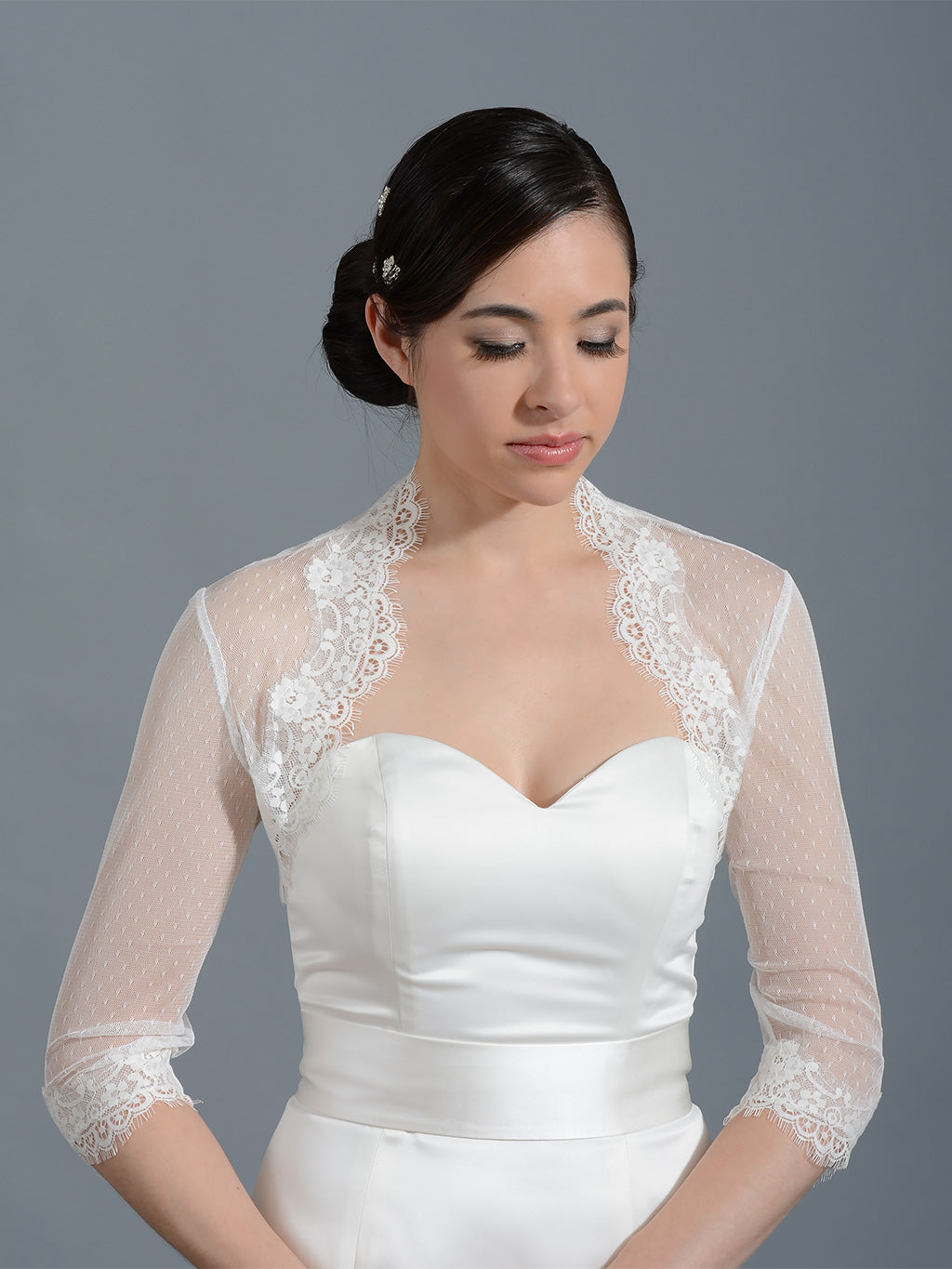 Ivory 3/4 sleeve bridal dot lace wedding bolero jacket