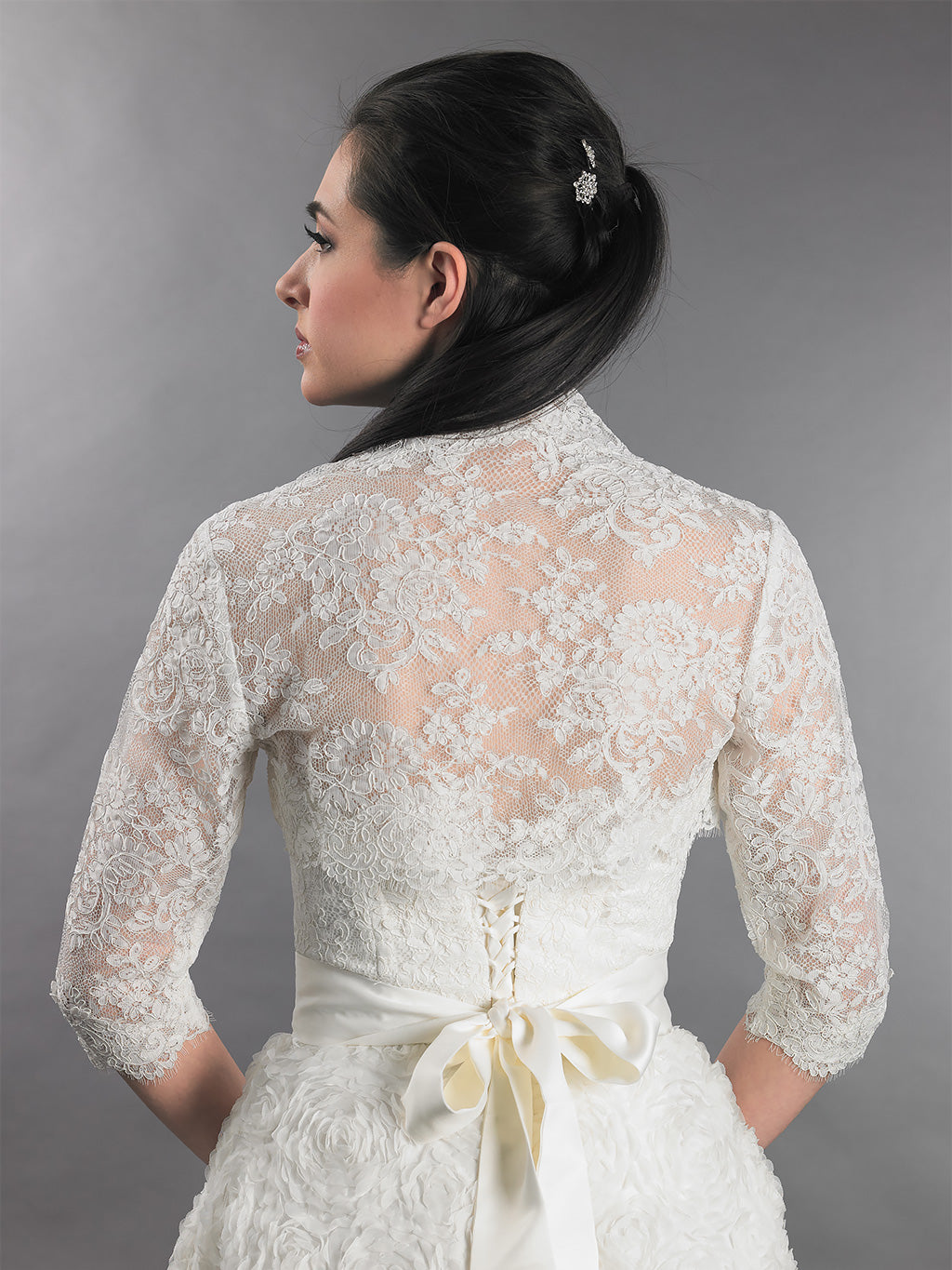 3/4 sleeve ivory bridal alencon lace bolero jacket