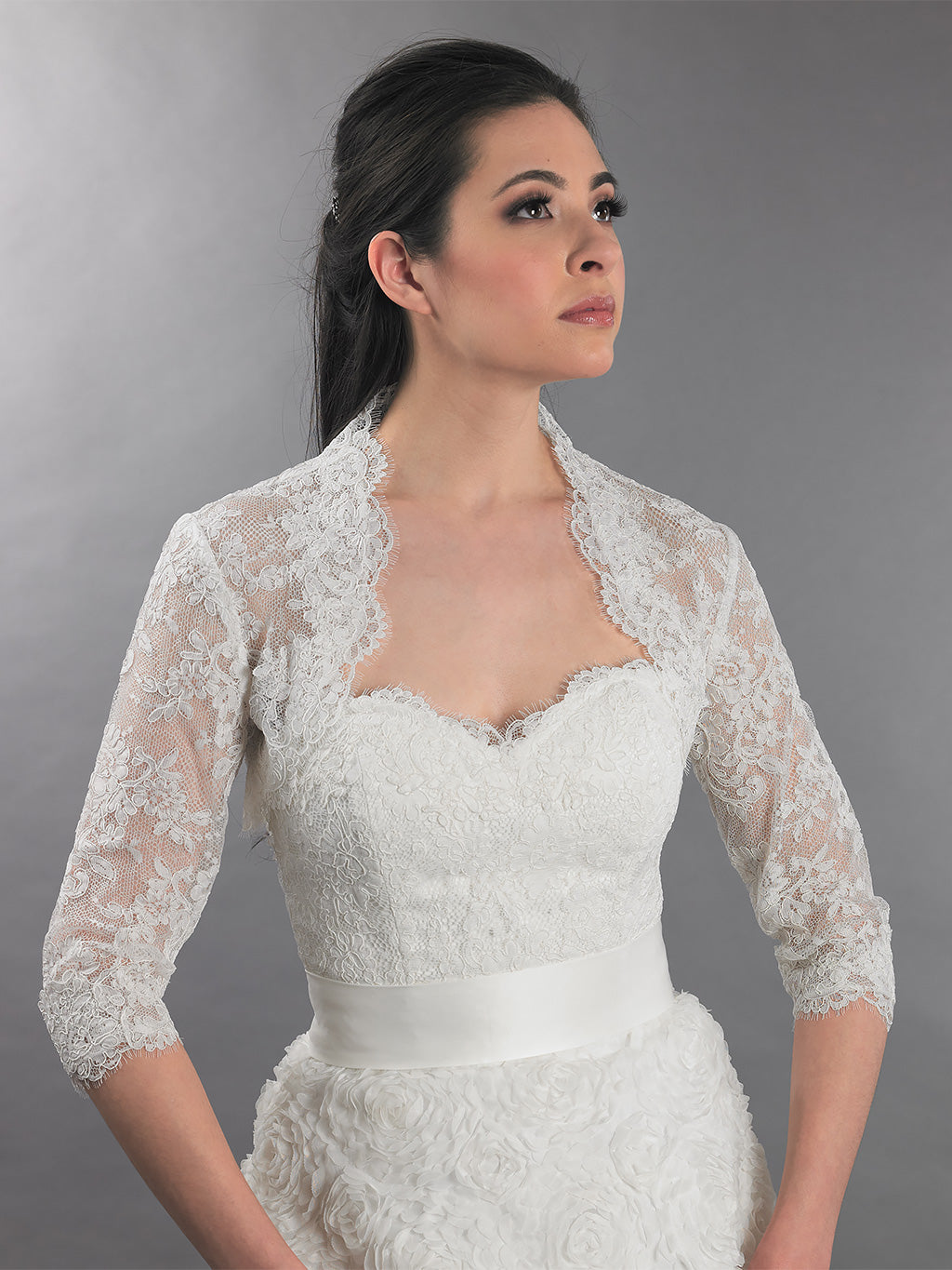 3/4 sleeve ivory bridal alencon lace bolero jacket