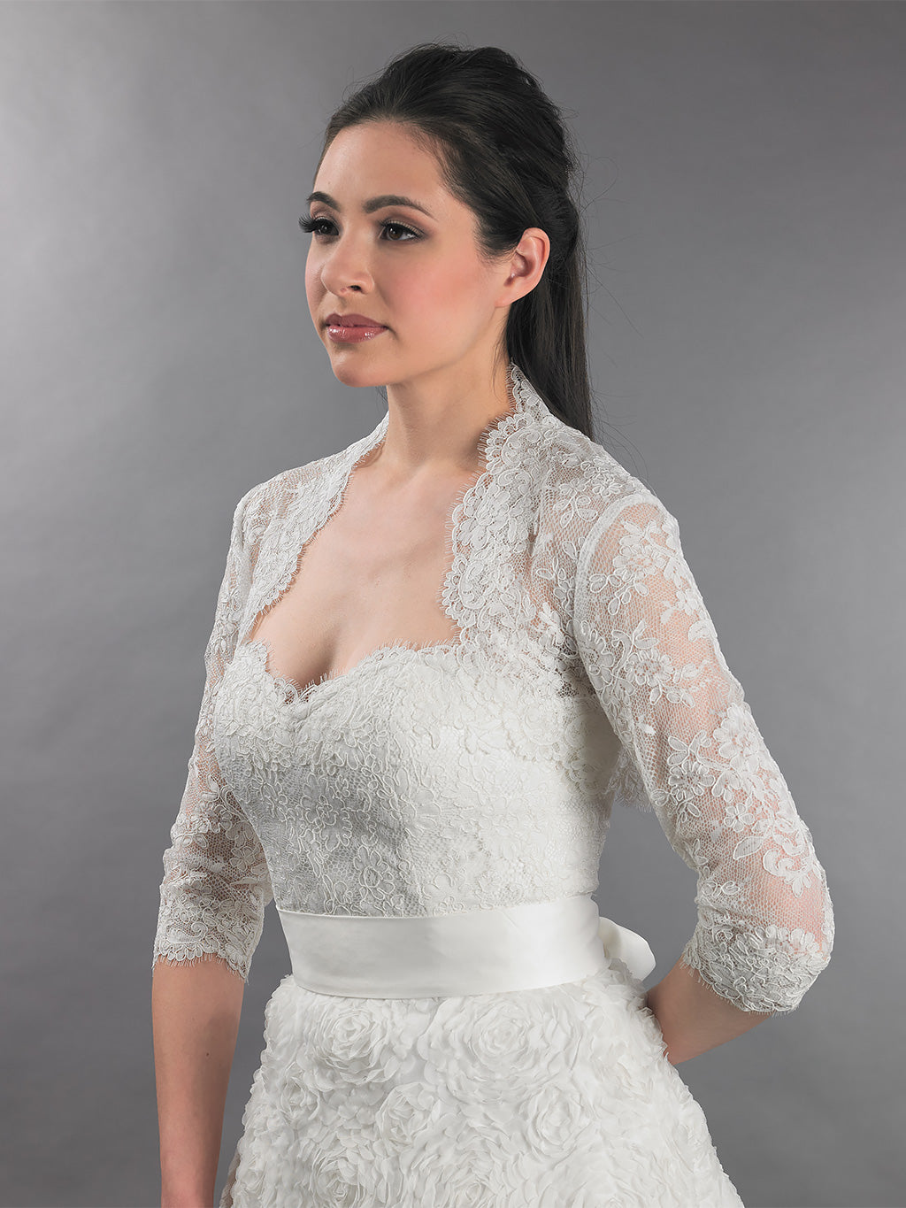 3/4 sleeve ivory bridal alencon lace bolero jacket