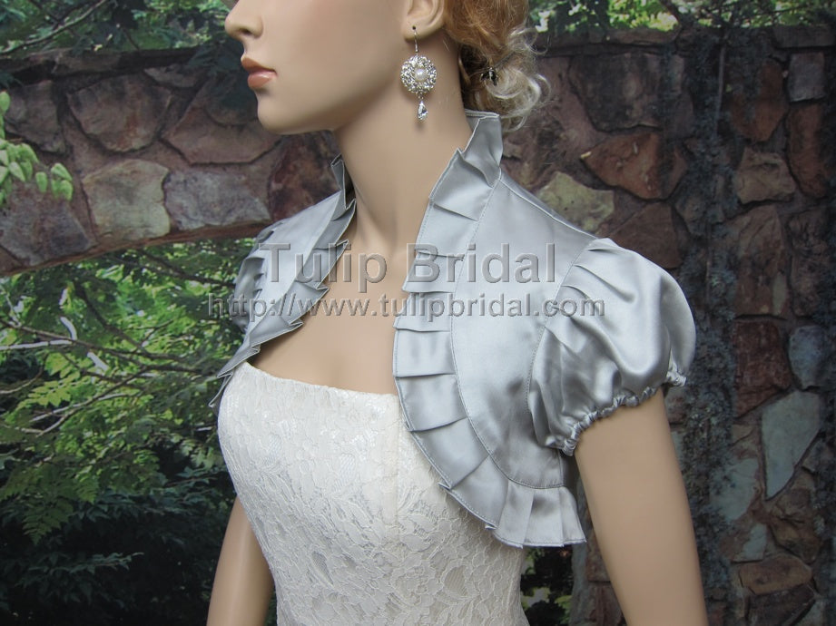 Silver short sleeve wedding satin bolero jacket Tulip Bridal Silver short sleeve wedding satin bolero jacket Tulip Bridal