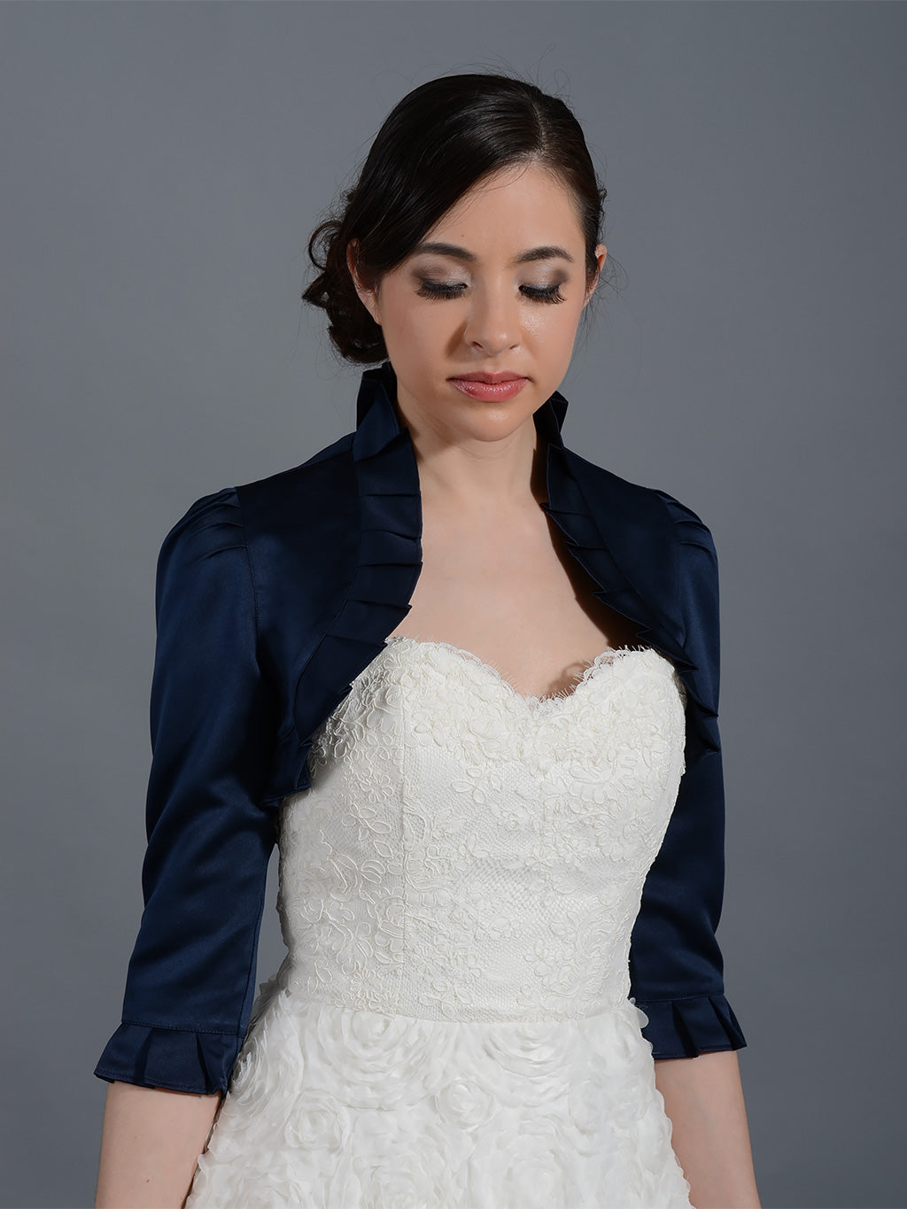 Navy Blue 3/4 sleeve wedding satin bolero jacket