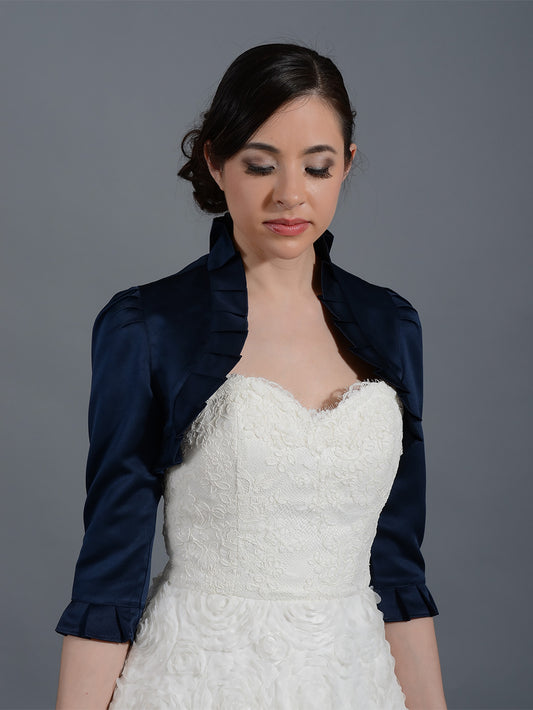 Navy Blue 3/4 sleeve wedding satin bolero jacket