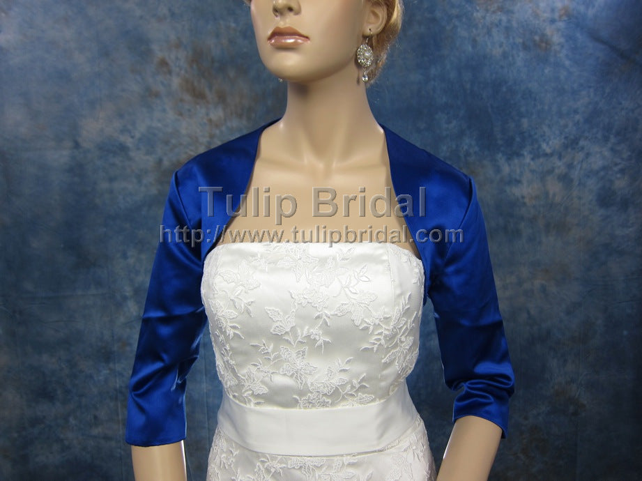 Blue 3/4 sleeve wedding satin bolero jacket