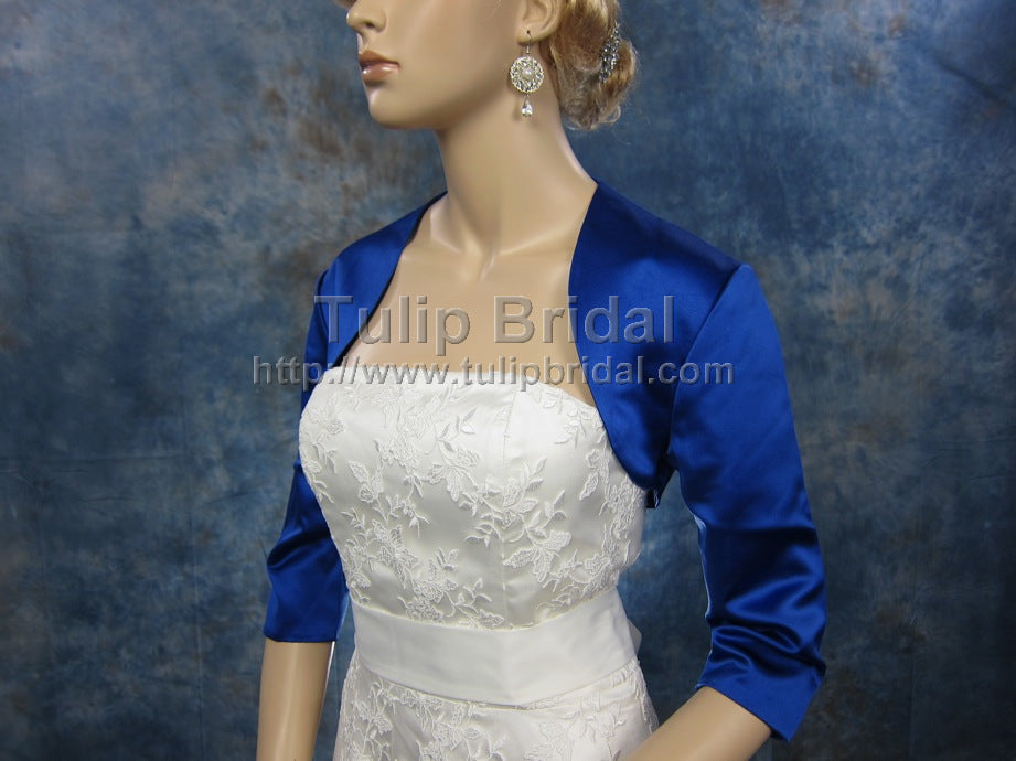 Blue 3/4 sleeve wedding satin bolero jacket Tulip Bridal Blue 3/4 sleeve wedding satin bolero jacket Tulip Bridal