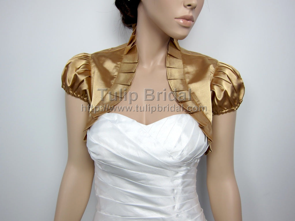 Gold short sleeve satin bolero wedding jacket, Small Gold short sleeve satin bolero wedding jacket, Small