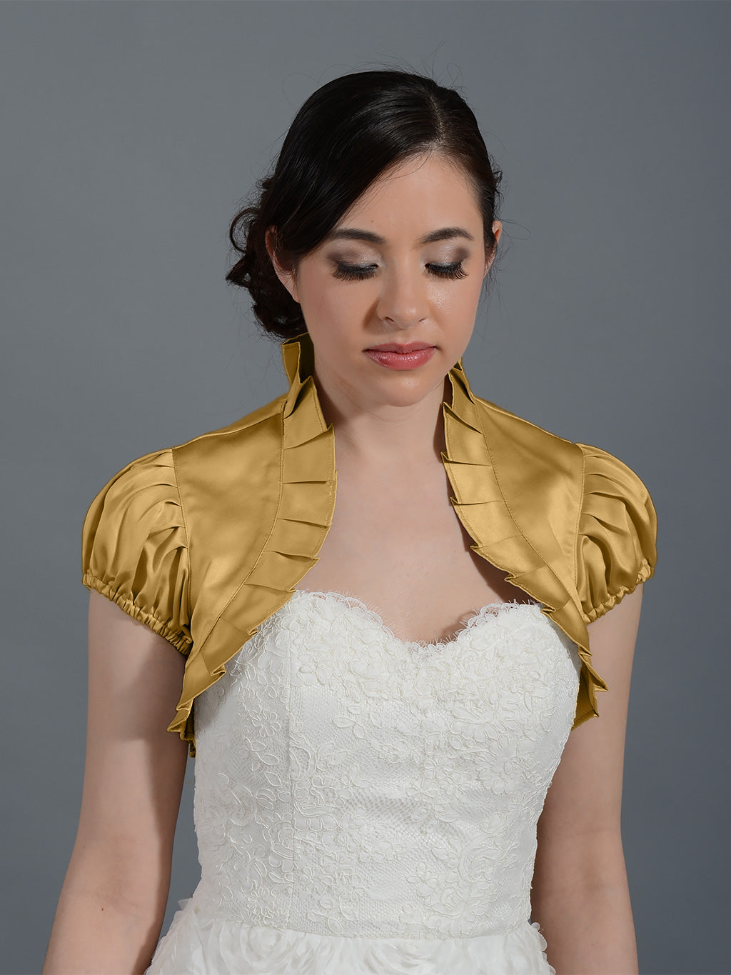 Gold short sleeve satin bolero wedding jacket
