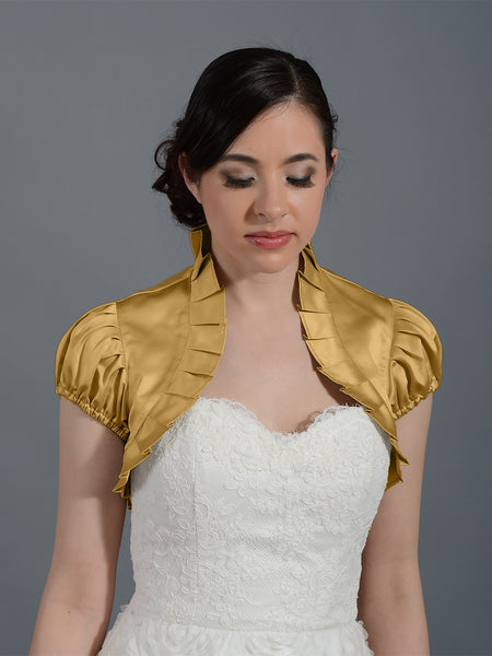 Gold Short Sleeve Satin Bolero Wedding Jacket, Small Gold Short Sleeve Satin Bolero Wedding Jacket, Small