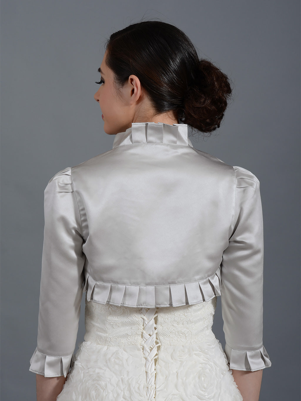 Silver 3/4 sleeve wedding satin bolero jacket