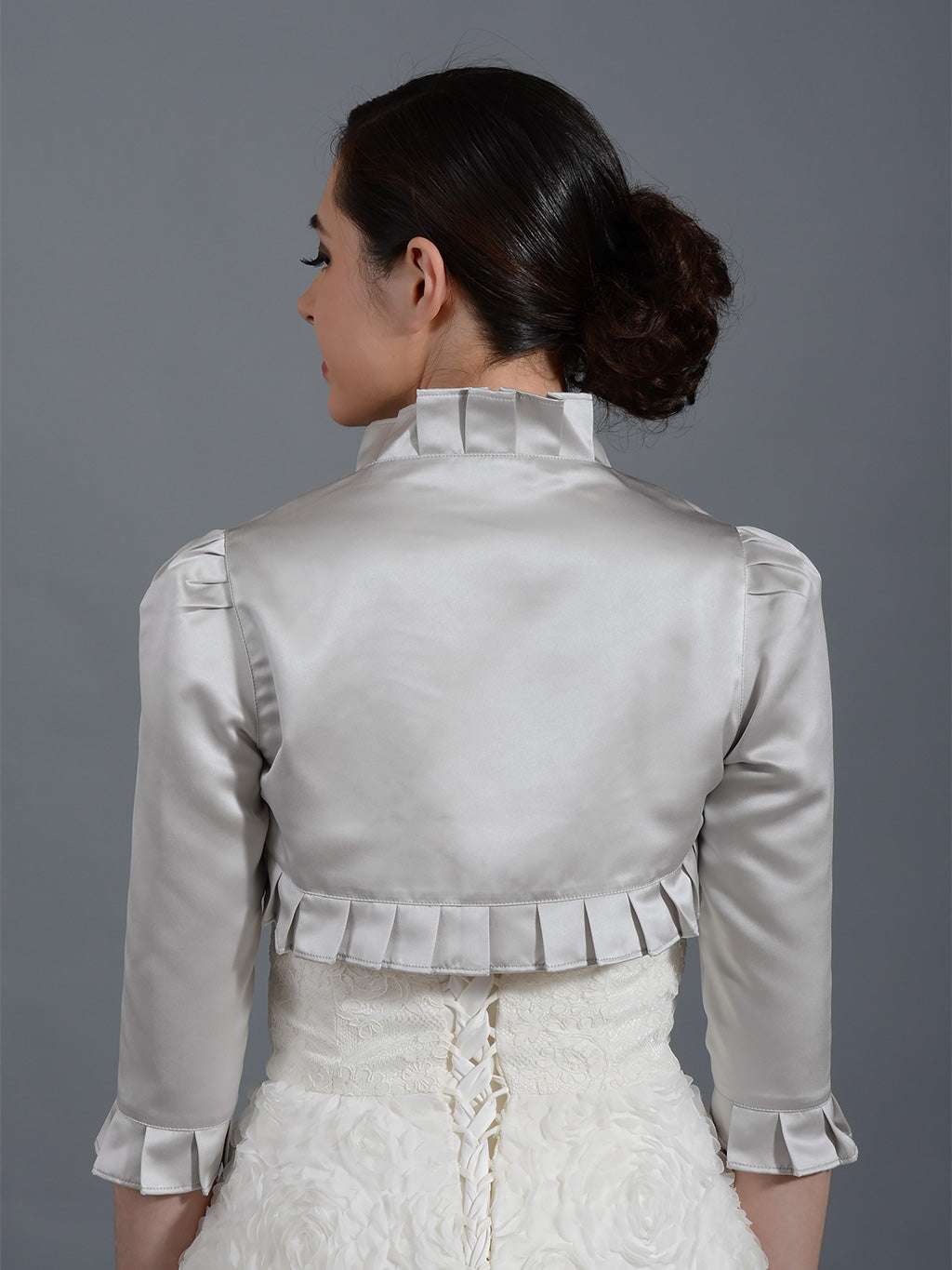 Silver 3/4 sleeve wedding satin bolero jacket Silver 3/4 sleeve wedding satin bolero jacket