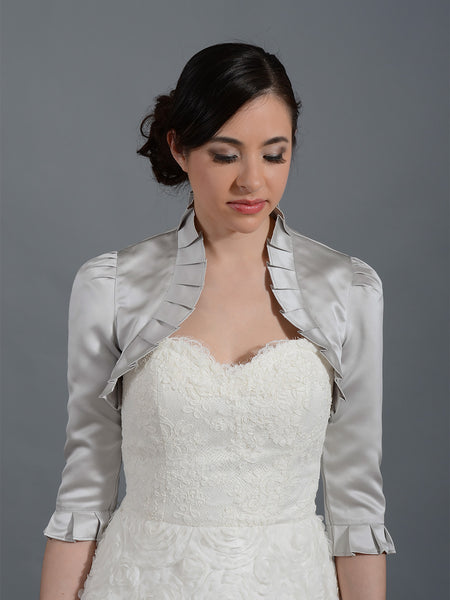 silver bolero jackets for evening dresses Silver 3/4 sleeve wedding satin bolero jacket