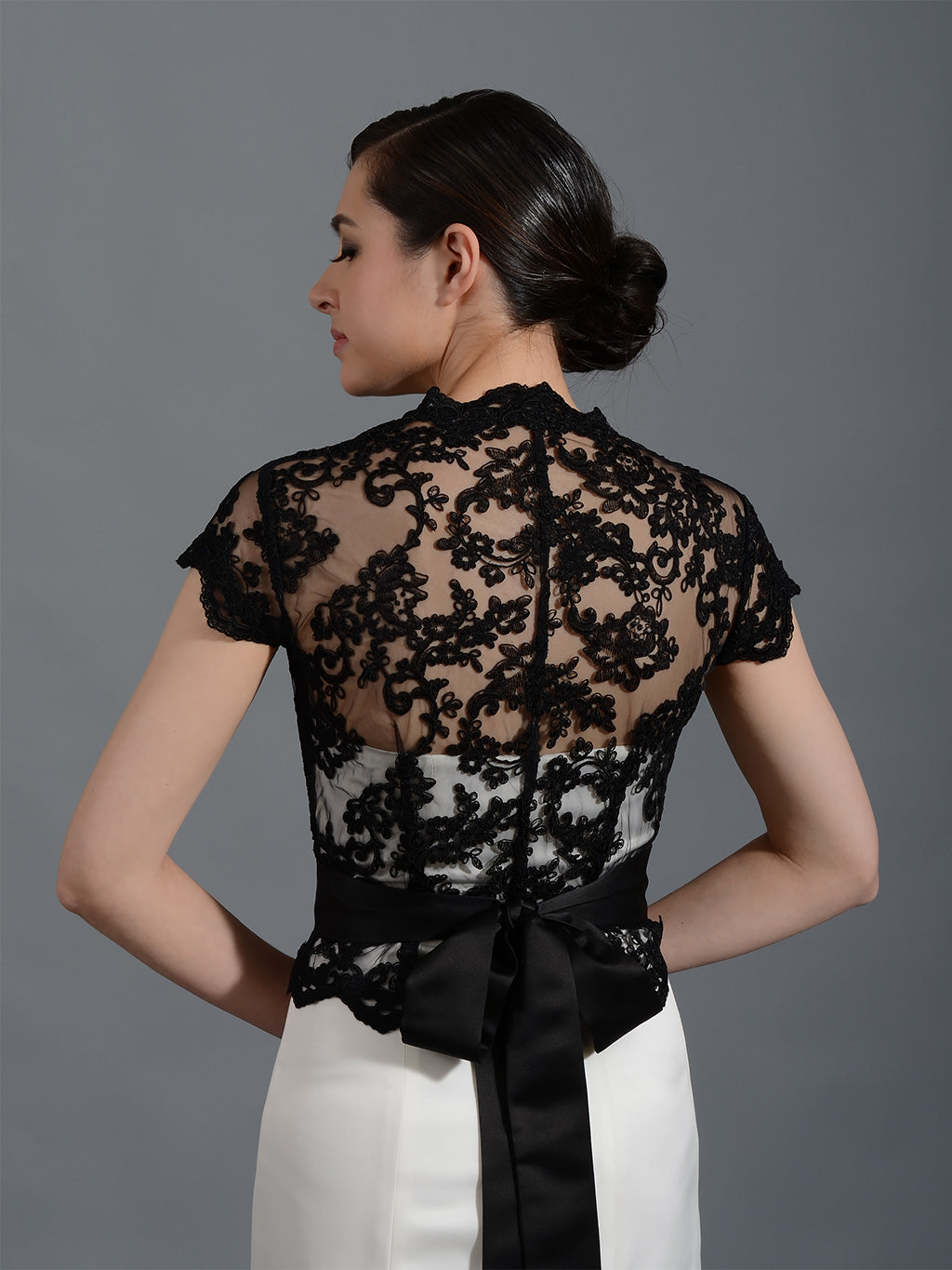 Front open Black Alencon Lace Wedding jacket, Small Front open Black Alencon Lace Wedding jacket, Small