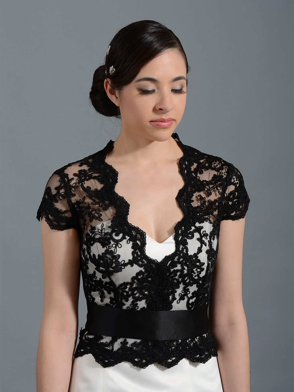 Front open Black Alencon Lace Wedding jacket