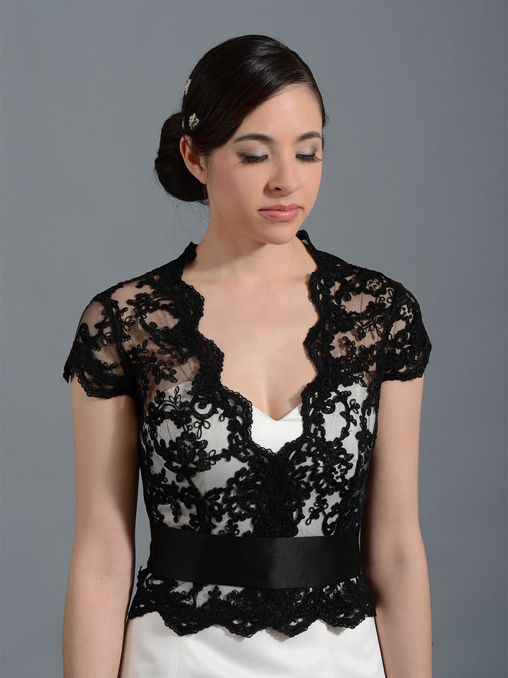 Front open Black Alencon Lace Wedding jacket