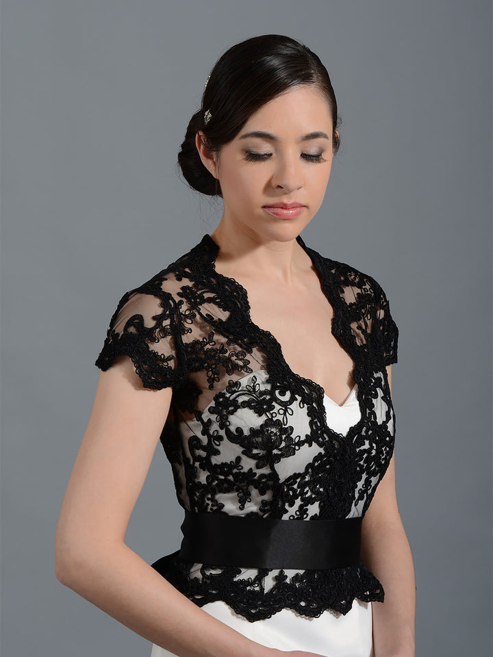 Front open Black Alencon Lace Wedding jacket