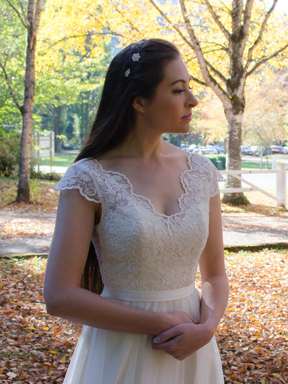 Champagne cap sleeve lace wedding dress
