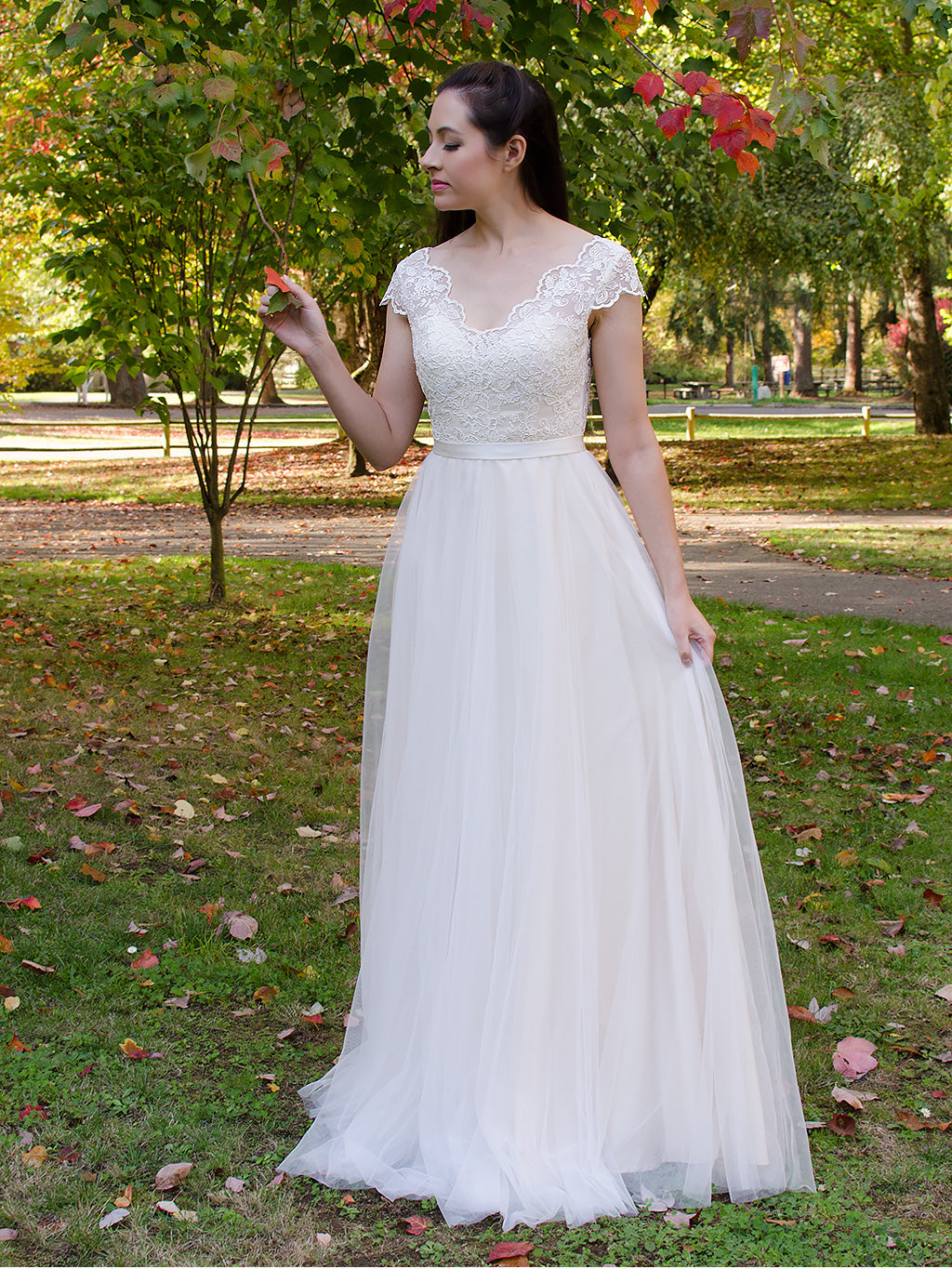 Champagne cap sleeve lace wedding dress