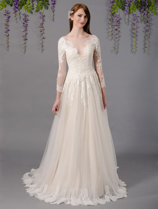 Long sleeve lace wedding dress with alencon lace 4031