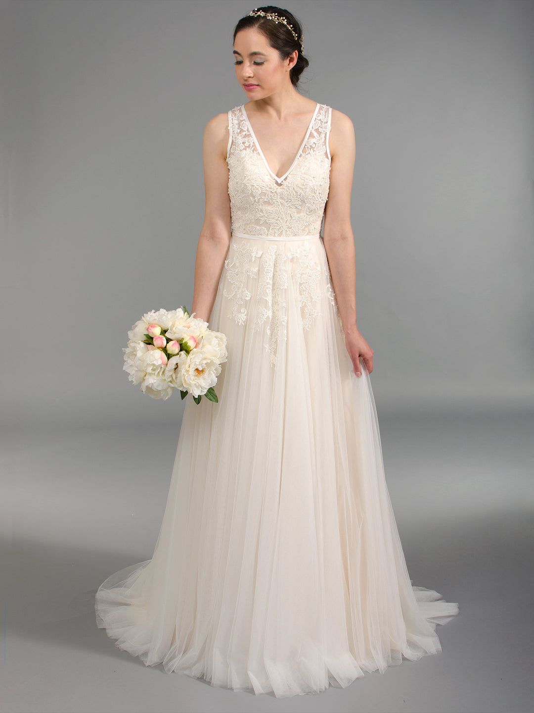 V Neck Lace Wedding Dress with Tulle Skirts 4045, 6 Weeks / 20 V Neck Lace Wedding Dress with Tulle Skirts 4045, 6 Weeks / 20