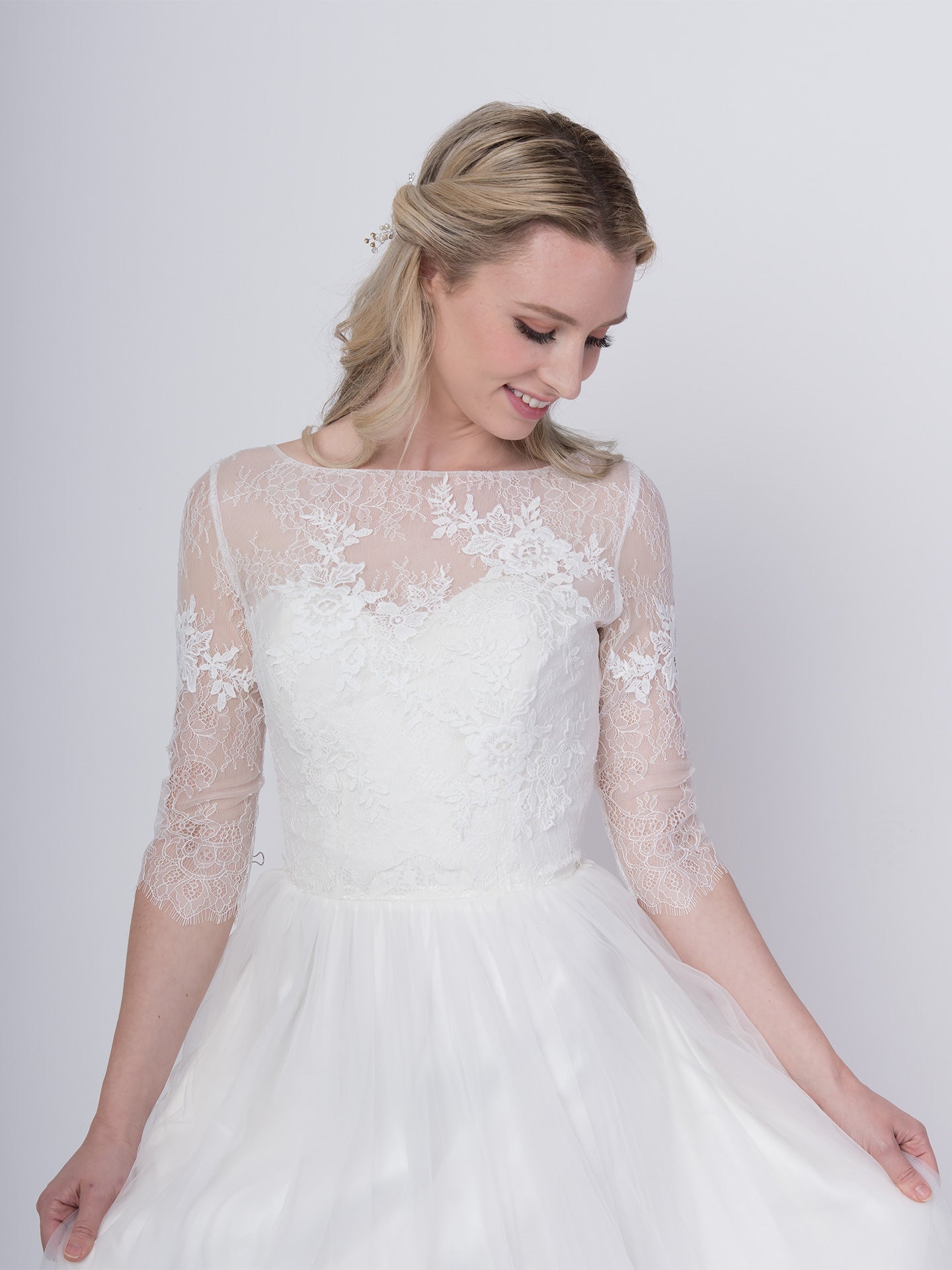 Lace wedding dress topper elbow length sleeve Tulip Bridal