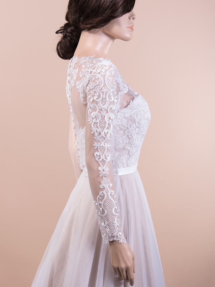 Ivory long sleeve embroidered lace wedding dress topper