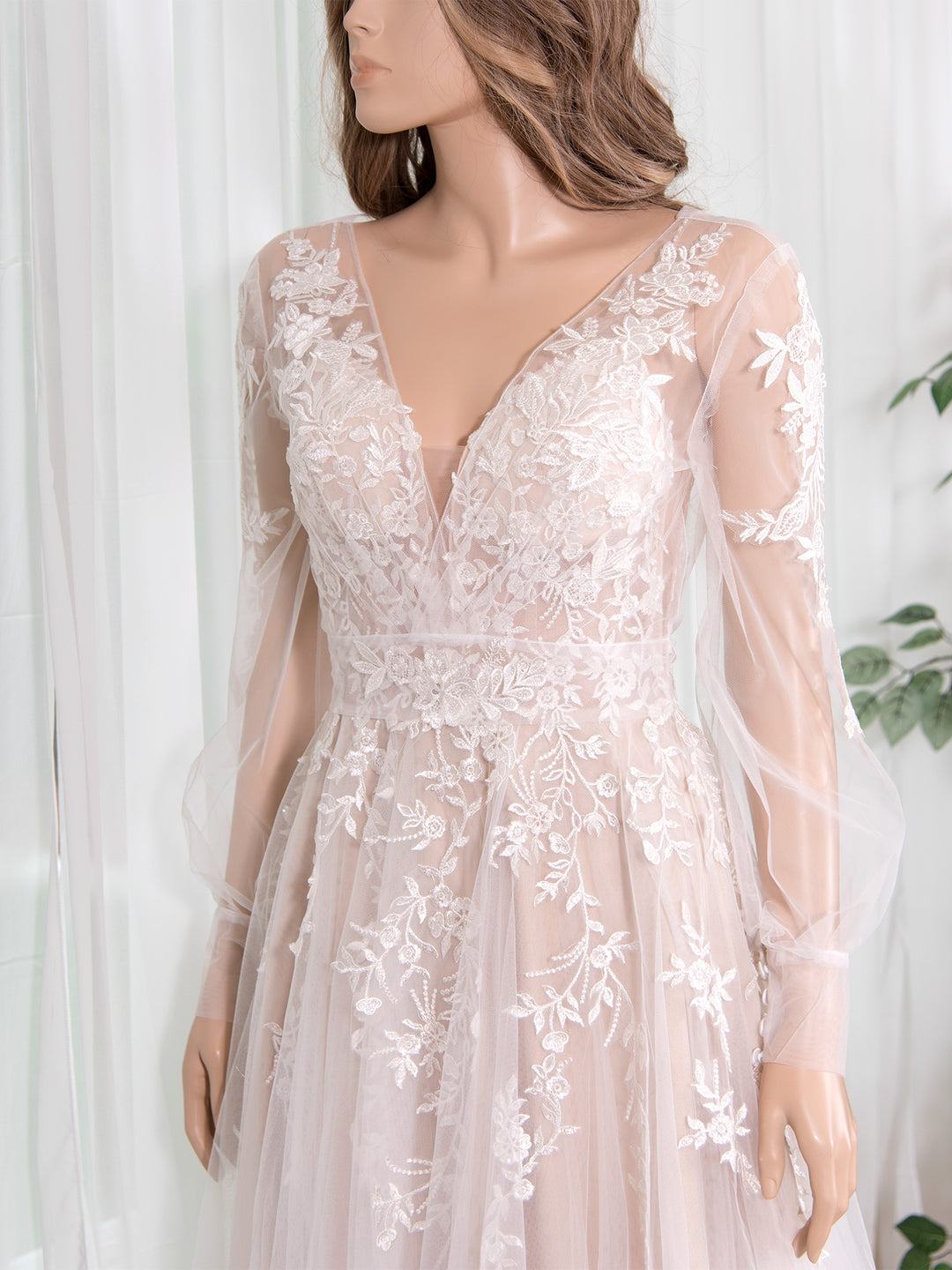 cream wedding dresses with sleeves Ivory Tulle A-line Wedding Dress - Open Back Floral Lace Wedding Dress - Long Sleeve Wedding Gown Plus Size