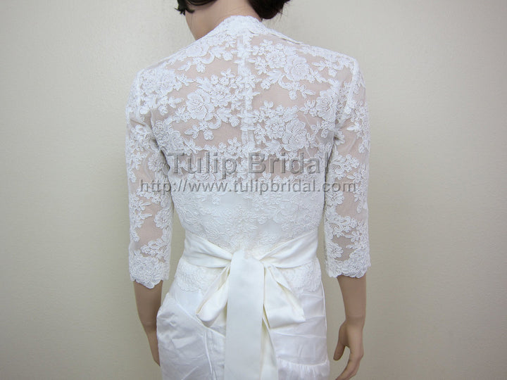 3/4 Sleeve Front open Ivory Alencon Lace Bolero Jacket