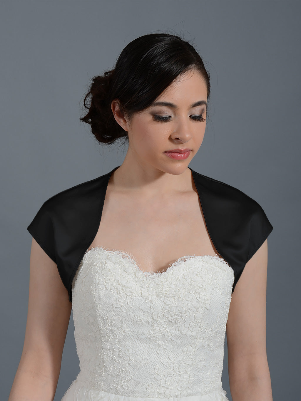 Black sleeveless satin bolero wedding jacket