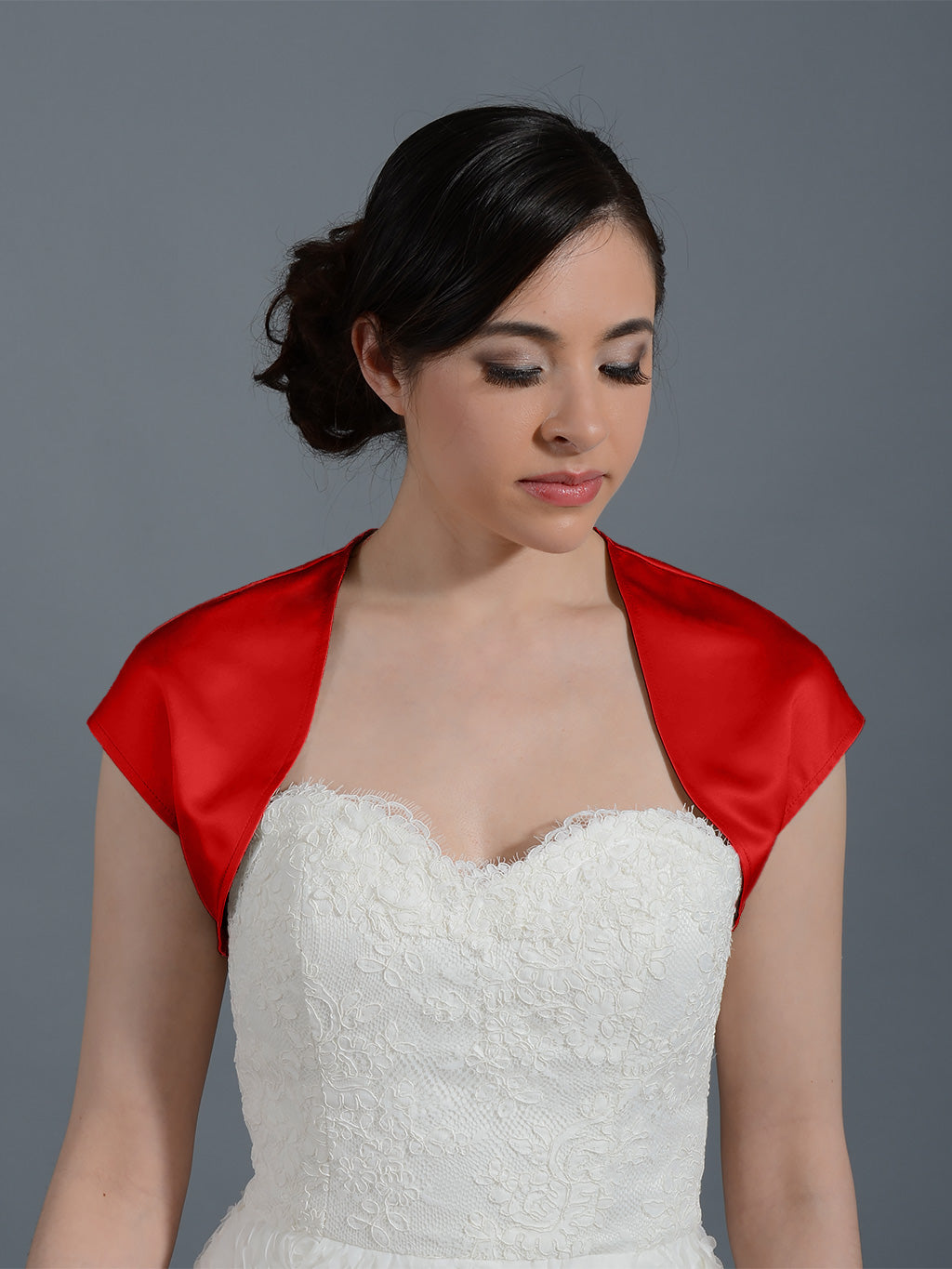 Red sleeveless satin bolero jacket