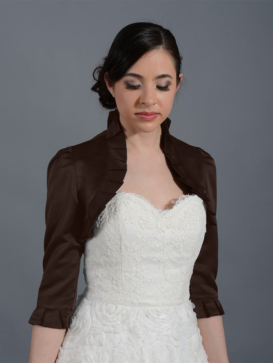 Brown 3/4 sleeve wedding satin bolero jacket