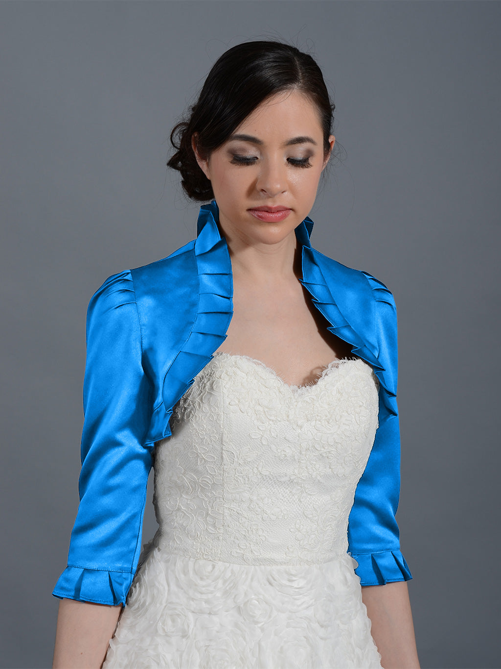 Bright Blue 3/4 sleeve satin wedding bolero jacket, Small Bright Blue 3/4 sleeve satin wedding bolero jacket, Small