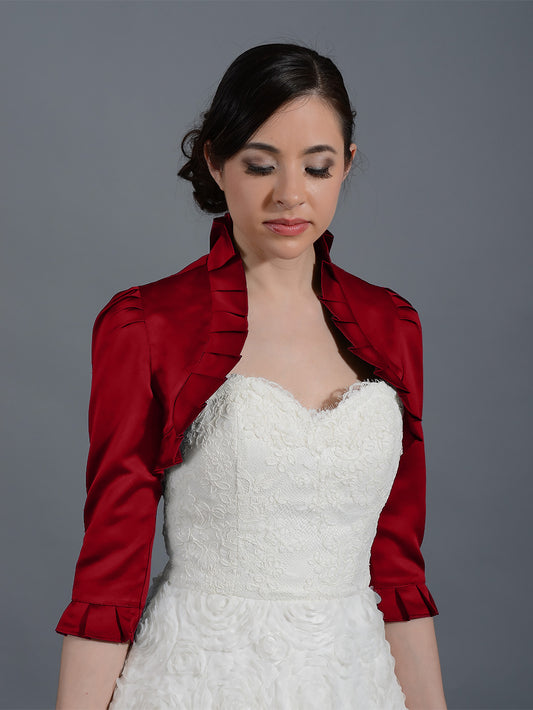 Wine Red 3/4 sleeve wedding satin bolero jacket