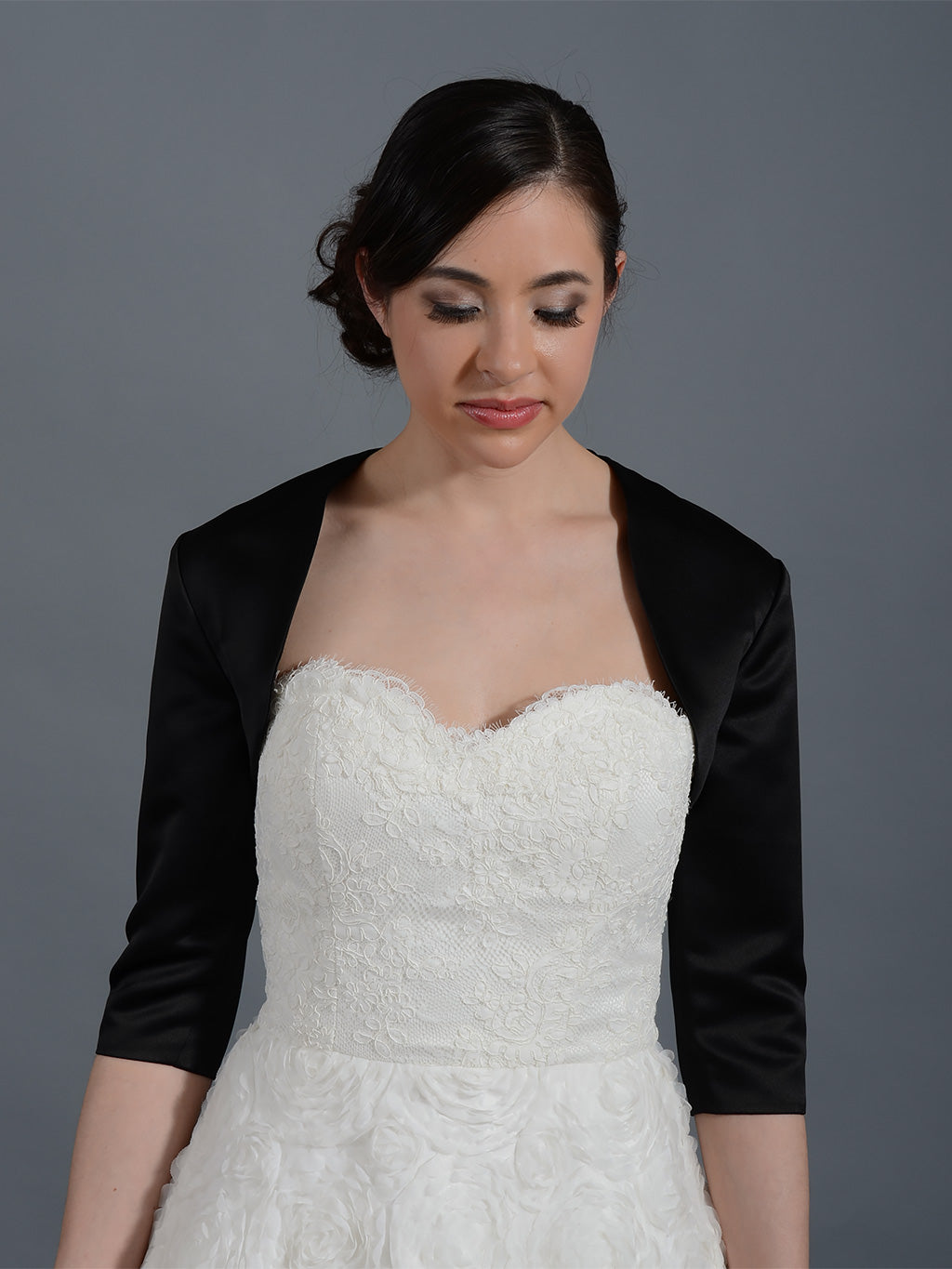 Black 3/4 sleeve wedding satin bolero jacket