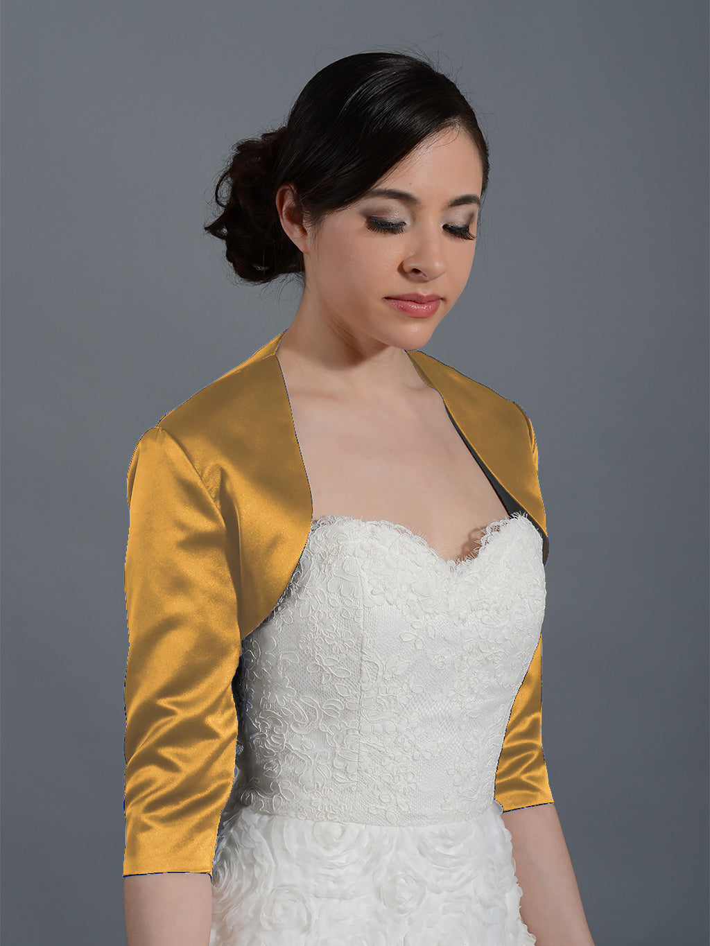 Gold 3/4 sleeve wedding satin bolero jacket
