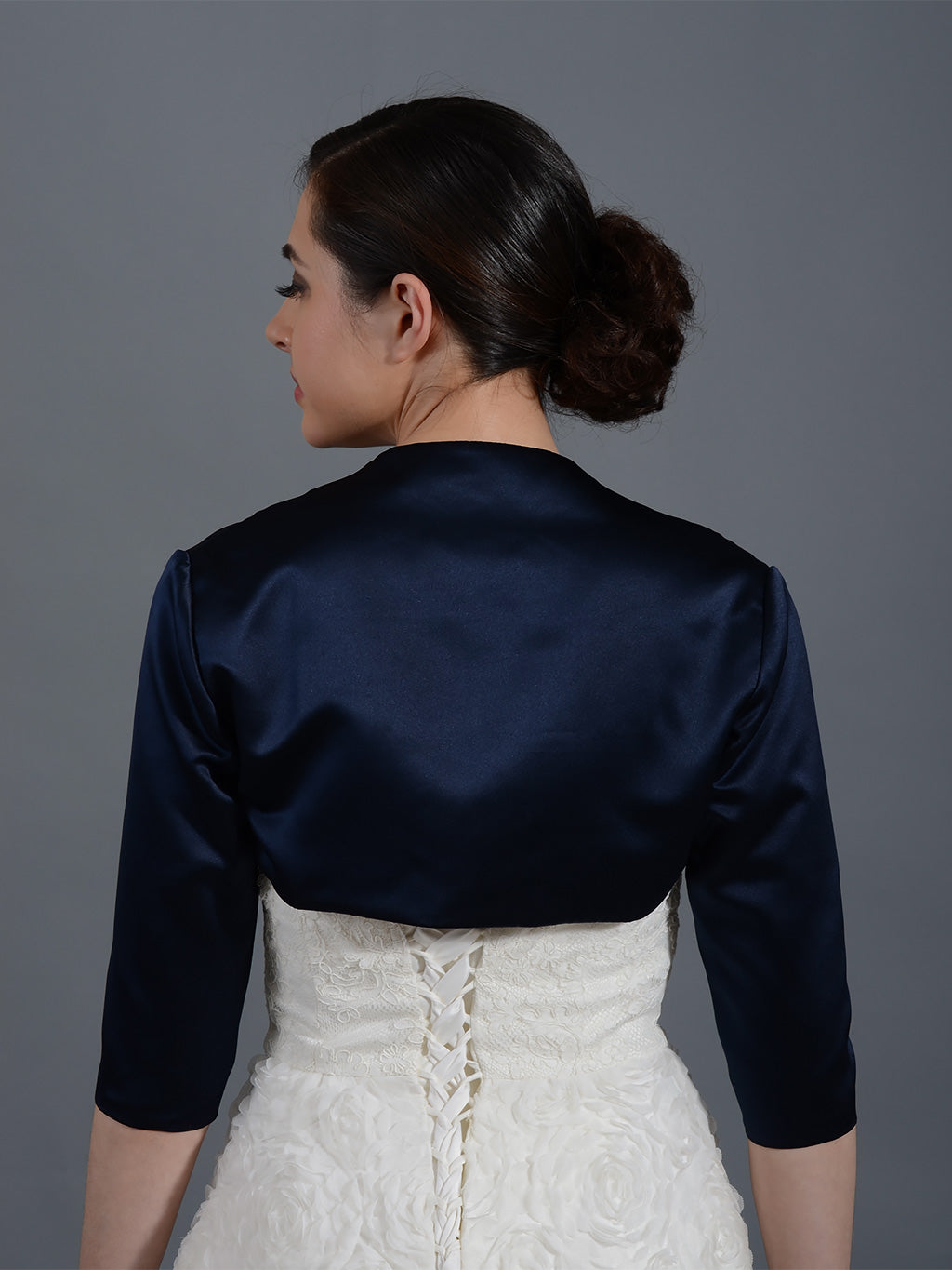 Navy Blue 3/4 sleeve wedding satin bolero jacket – Tulip Bridal