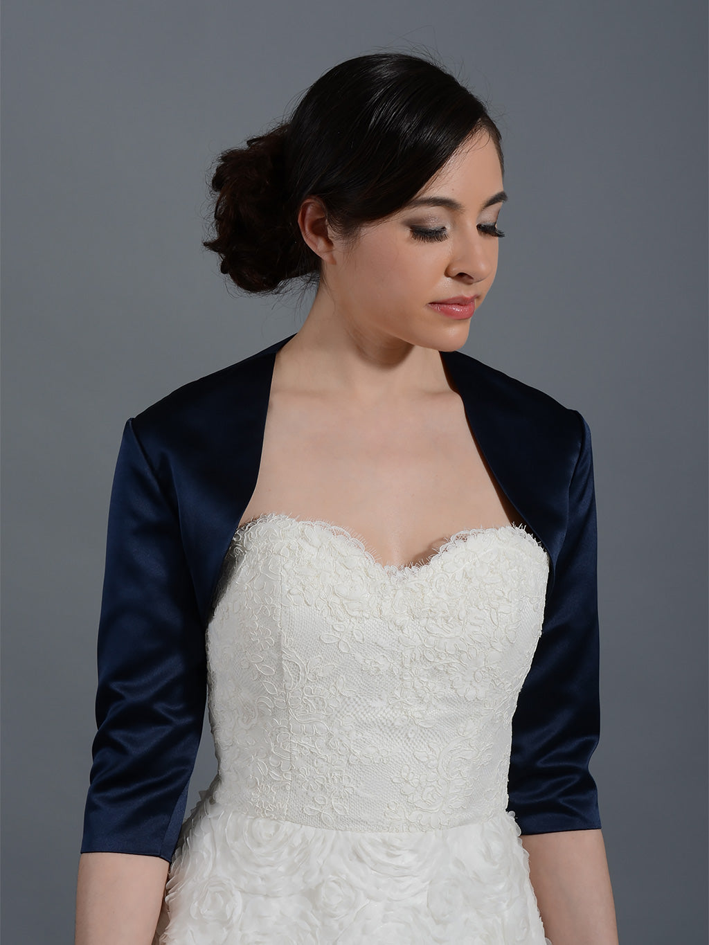 Navy Blue 3/4 sleeve wedding satin bolero jacket