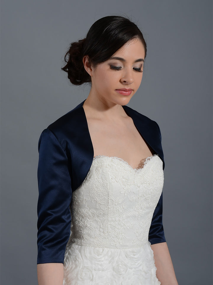 Navy Blue 3/4 sleeve wedding satin bolero jacket