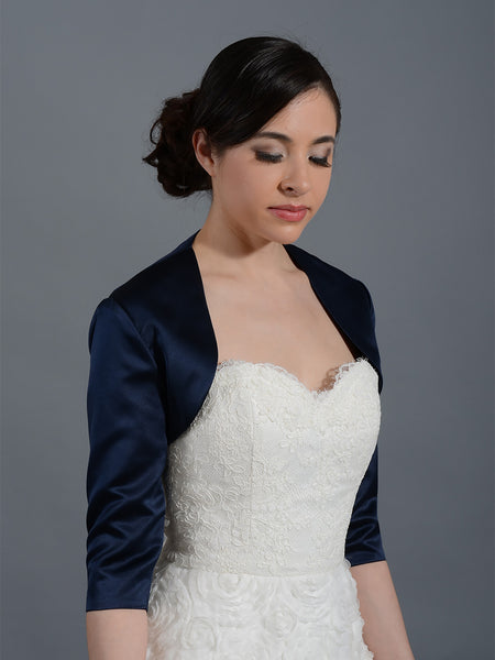 Navy Blue 3/4 sleeve Bridal jacket bolero wedding Tulip satin –