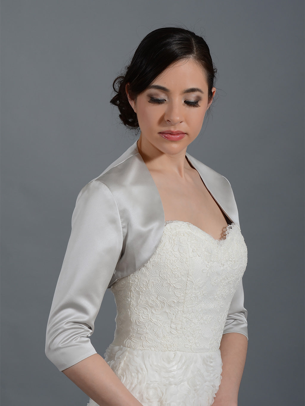 Silver 3/4 sleeve wedding satin bolero jacket