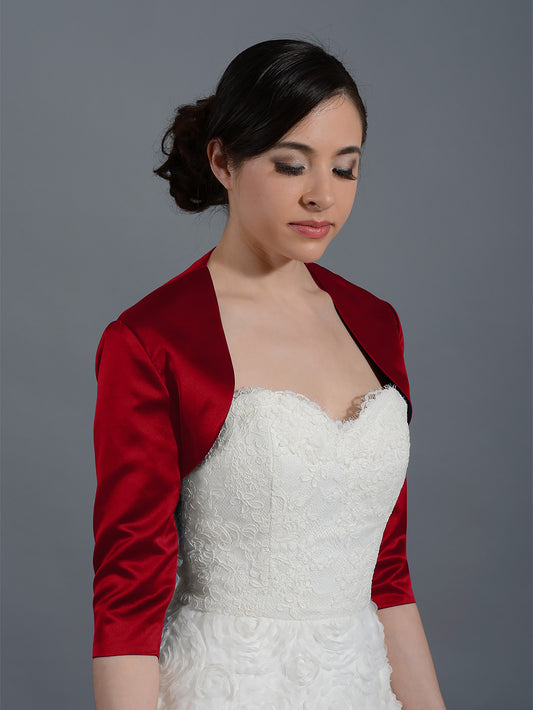 Wine Red 3/4 sleeve wedding satin bolero jacket