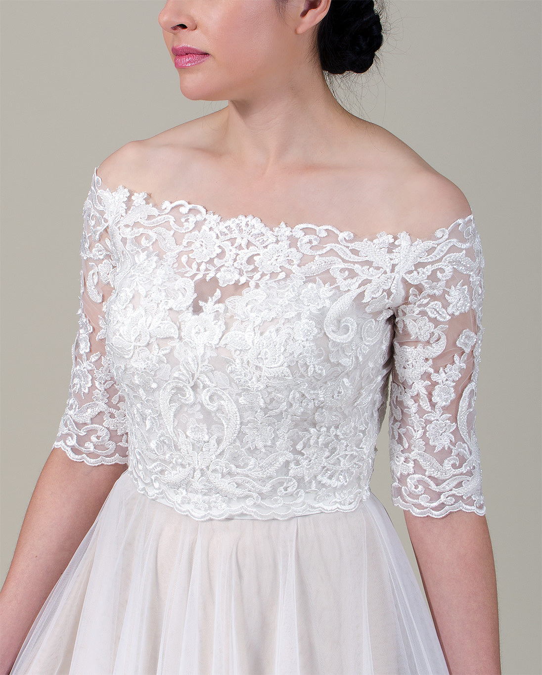 Off shoulder beaded lace bolero wedding dress topper Tulip Bridal