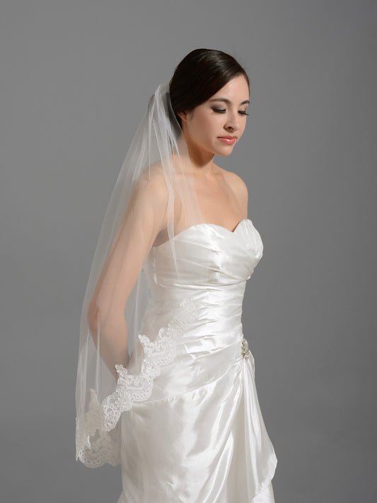 Elbow / fingertip alencon lace wedding veil V035
