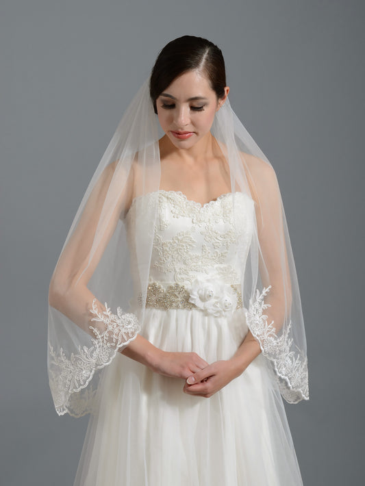 Ivory elbow alencon lace wedding veil V037