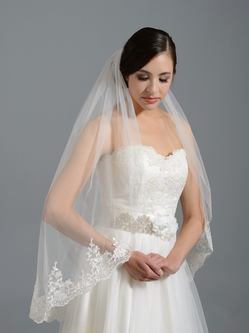 Ivory elbow alencon lace wedding veil V037n