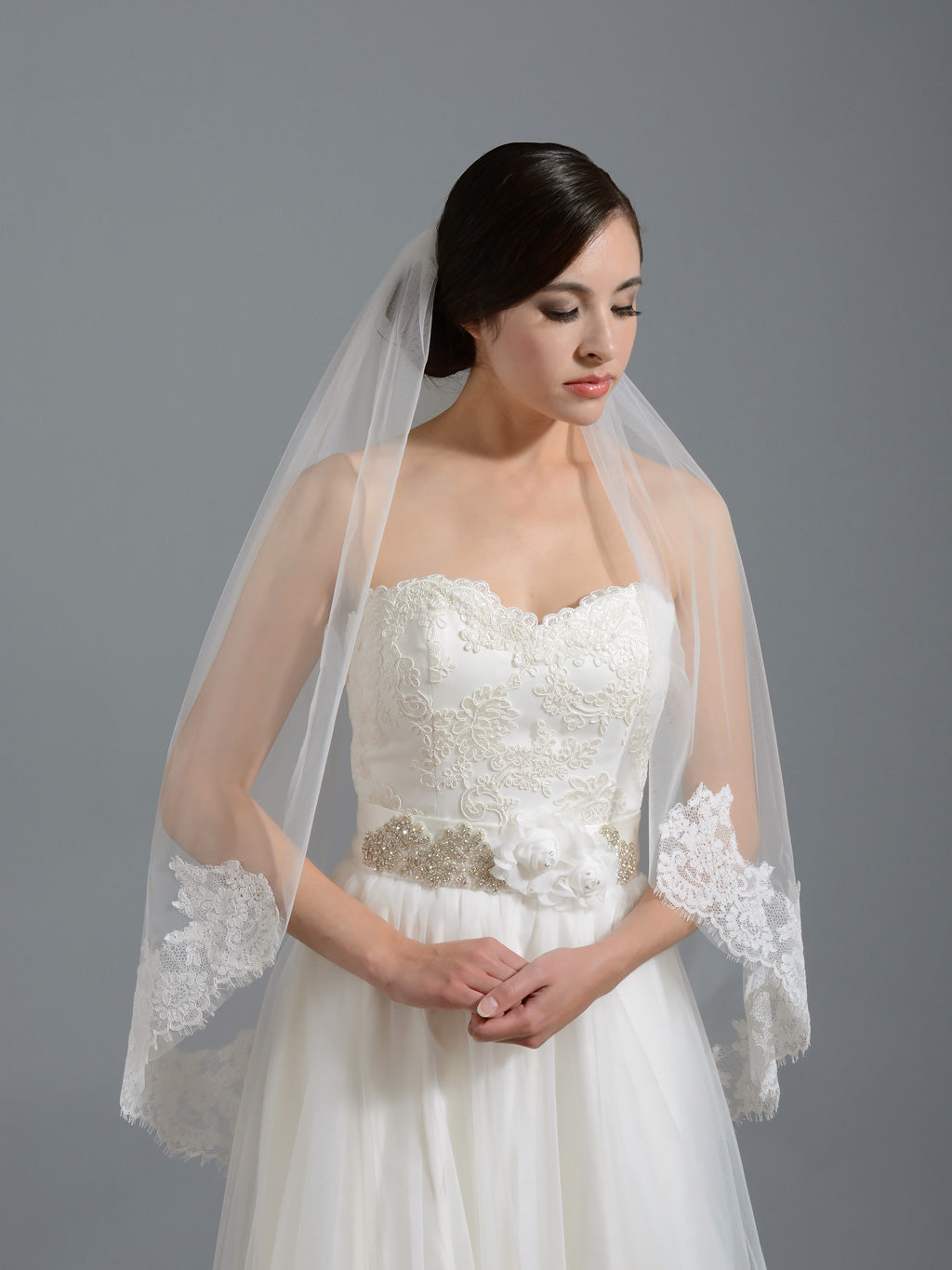 Ivory elbow alencon lace wedding veil V038