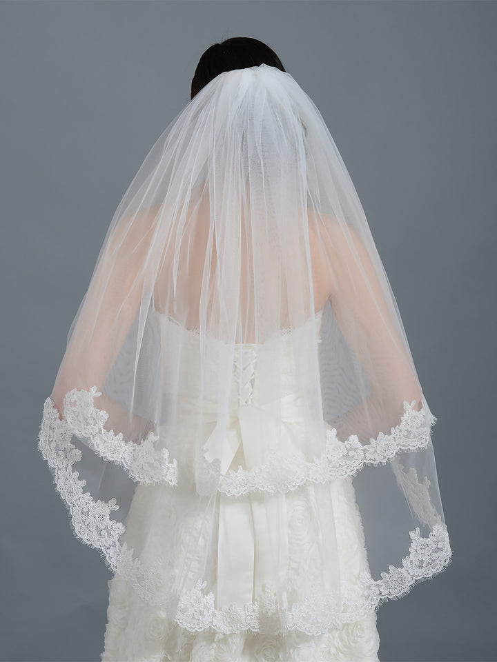 2-tier ivory elbow alencon lace wedding veil V042